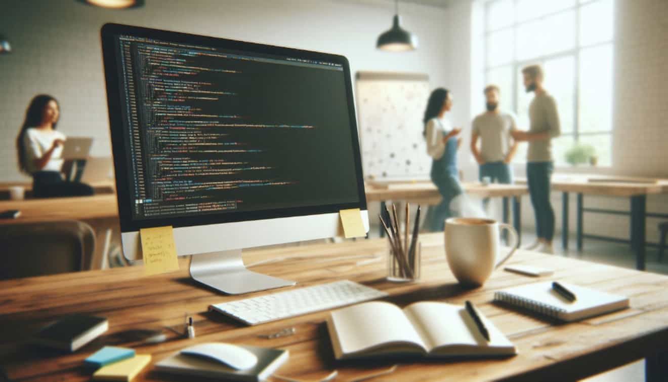 Bild eines sauberen und modernen Arbeitsplatzes für Softwareentwickler und Programmierer.