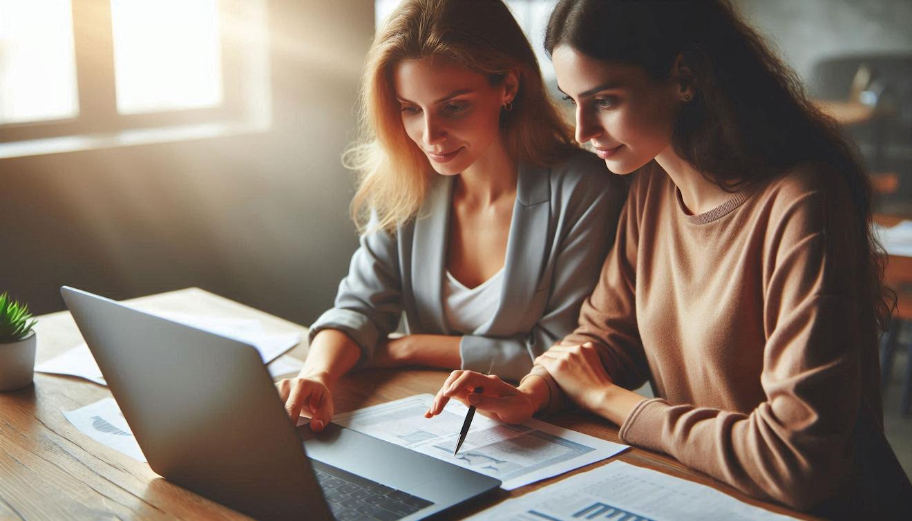 Zwei Fachleute lächeln, überprüfen die Ergebnisse auf dem Computerbildschirm und sind offensichtlich zufrieden mit dem reibungslosen Service und der erfolgreichen Zusammenarbeit.