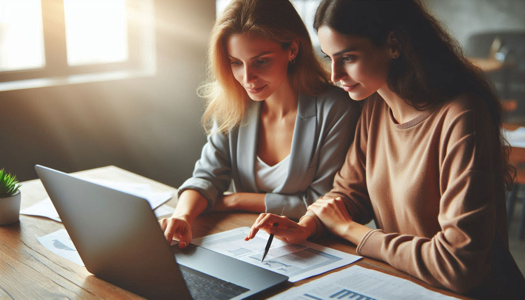 Two professionals are smiling, reviewing the results on the computer screen, clearly satisfied with the seamless service and successful collaboration.
